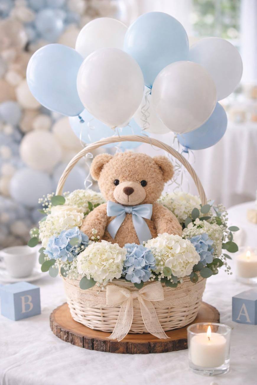 A plush teddy bear with a blue bow sits in a wicker basket filled with white and blue flowers, surrounded by blue and white balloons. The basket is on a wooden slab, with candles and toy blocks nearby.