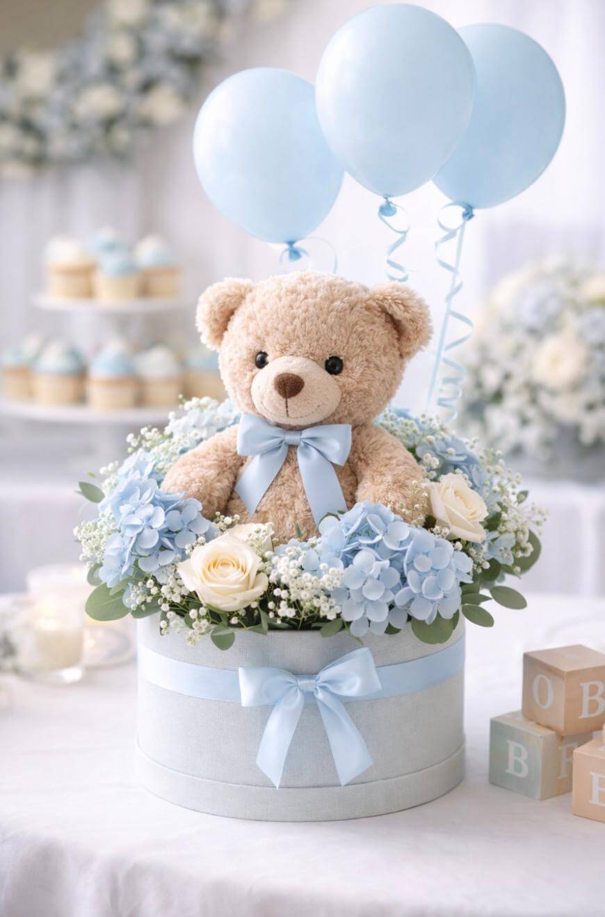 A plush teddy bear with a blue ribbon sits in a round box decorated with blue hydrangeas, white roses, and babys breath. Three blue balloons rise behind it, and wooden blocks and cupcakes are in the blurred background.