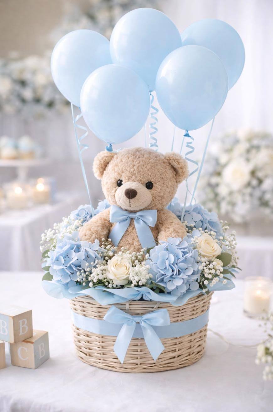 A wicker basket filled with blue and white flowers and a plush teddy bear, decorated with blue ribbons and surrounded by blue balloons. Wooden blocks and candles are in the blurred background.
