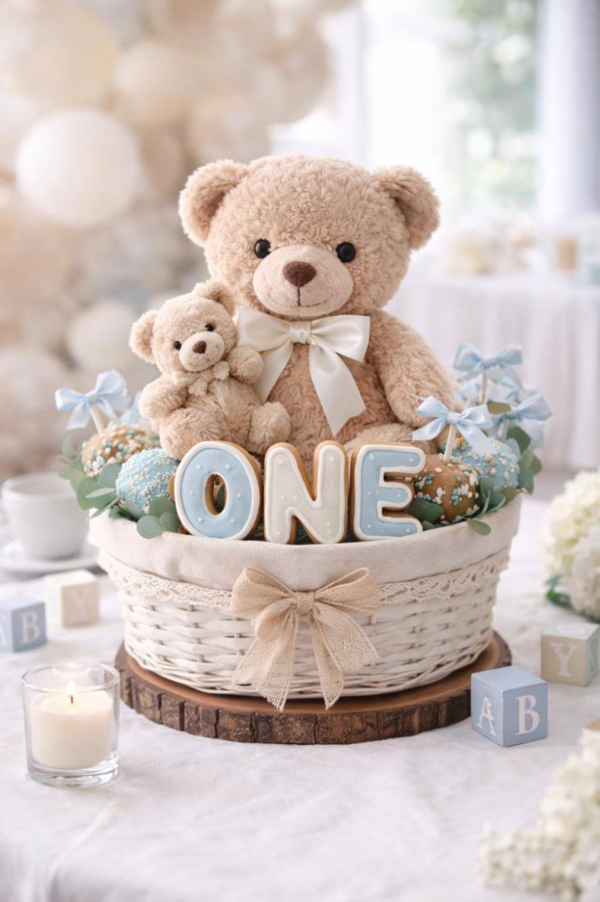 A white basket filled with two teddy bears, decorated with blue bows, pastel cake pops, and large letters spelling “ONE,” sits on a table, suggesting a first birthday celebration. Nearby are candles and soft-colored blocks.