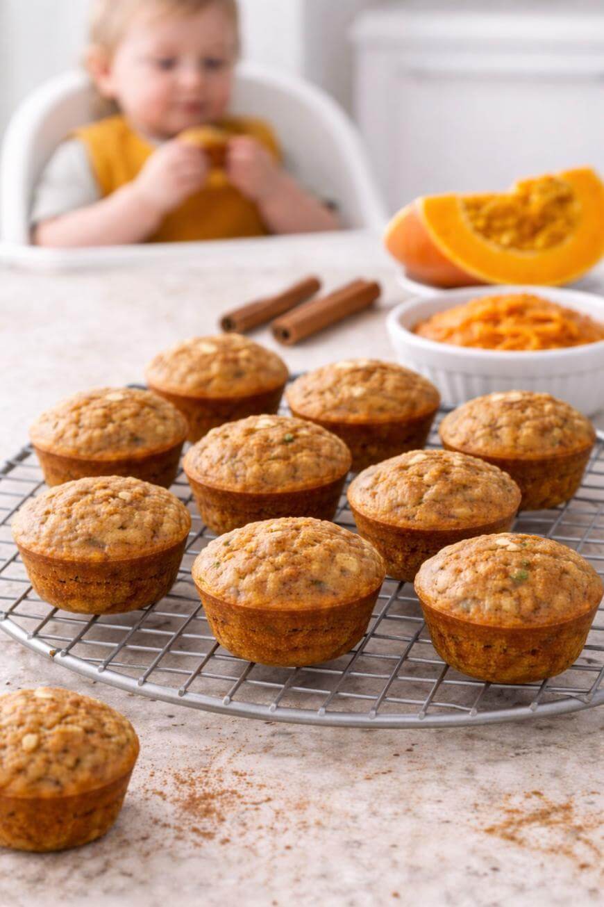 A cooling rack holds several pumpkin muffins on a countertop with pumpkin puree, a cut pumpkin, and cinnamon sticks in the background. A young child is seated and eating a muffin in the blurred background.
