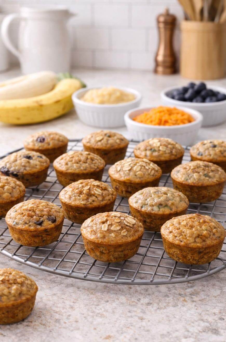 A cooling rack holds freshly baked muffins with oats on top. In the background, small bowls contain blueberries, grated carrots, and applesauce, with bananas and kitchen items on a light countertop.