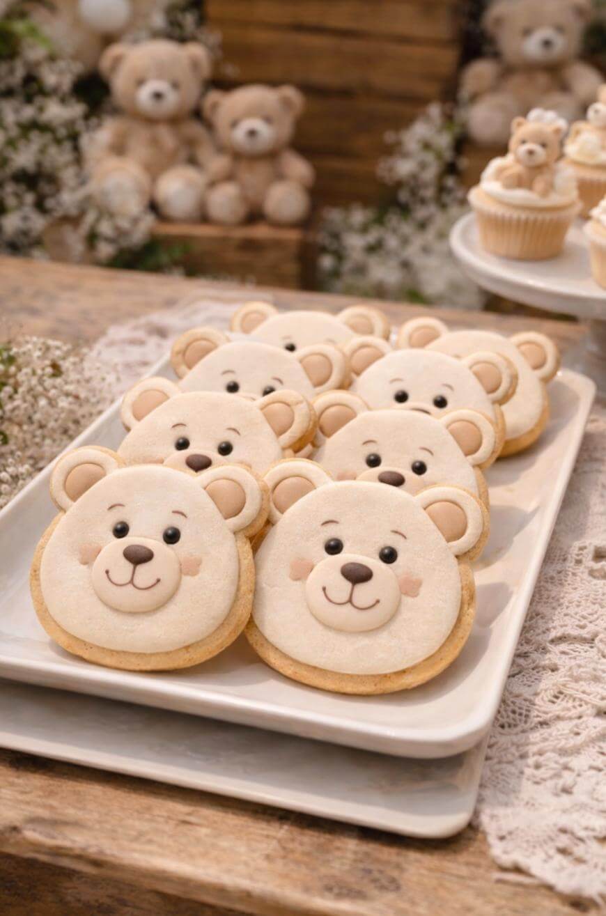 A white rectangular platter holds several cookies decorated with smiling teddy bear faces, arranged neatly on a wooden table with lace and floral accents. Plush teddy bears and cupcakes are blurred in the background.