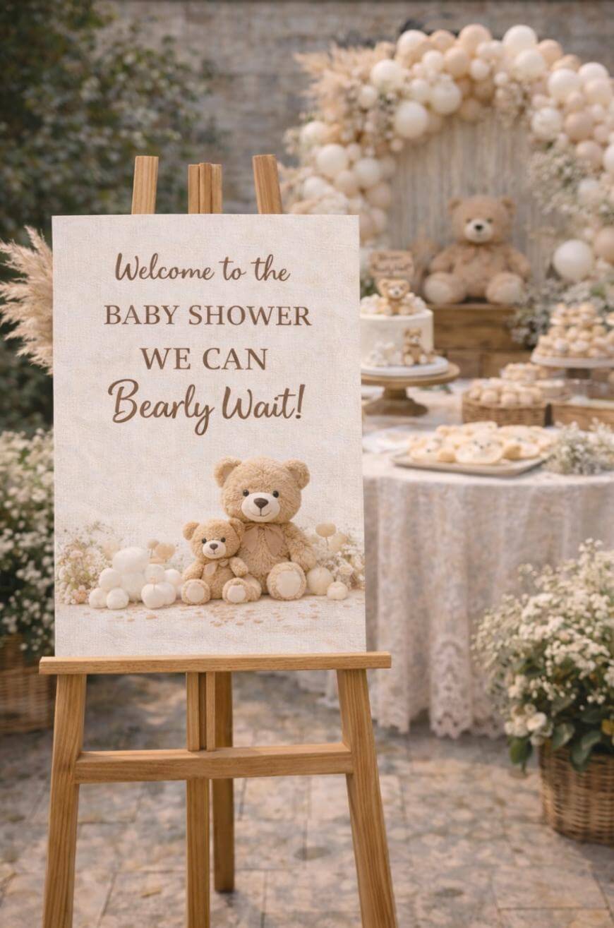 A baby shower sign with teddy bears reads “Welcome to the baby shower. We can bearly wait!” In the background, there are teddy bear decorations, white balloons, a cake, and cookies on a lace-covered table.