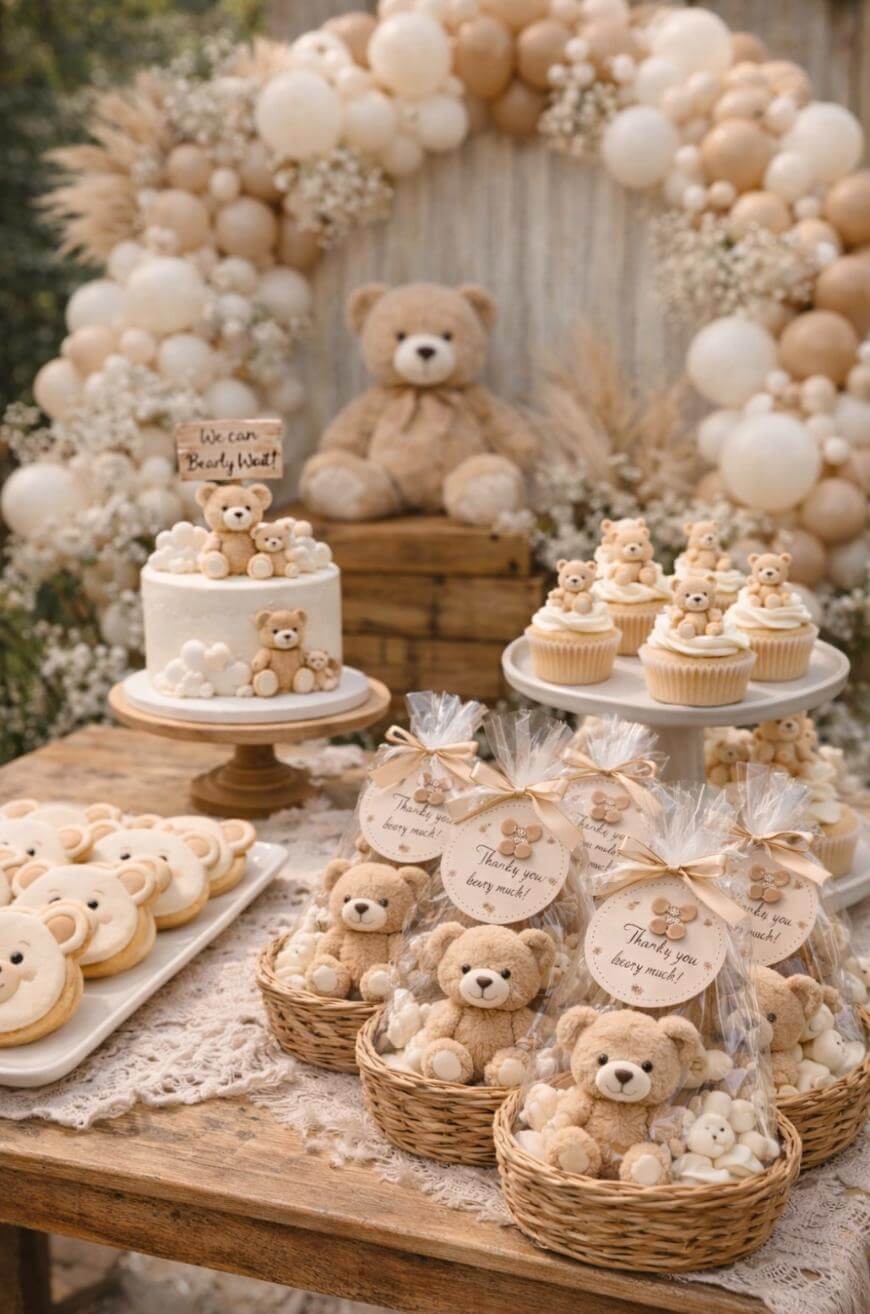 A teddy bear-themed party table features a cake, cupcakes, cookies, and gift baskets, all decorated with cute teddy bear designs in beige and white tones. Balloons and a large teddy bear are in the background.