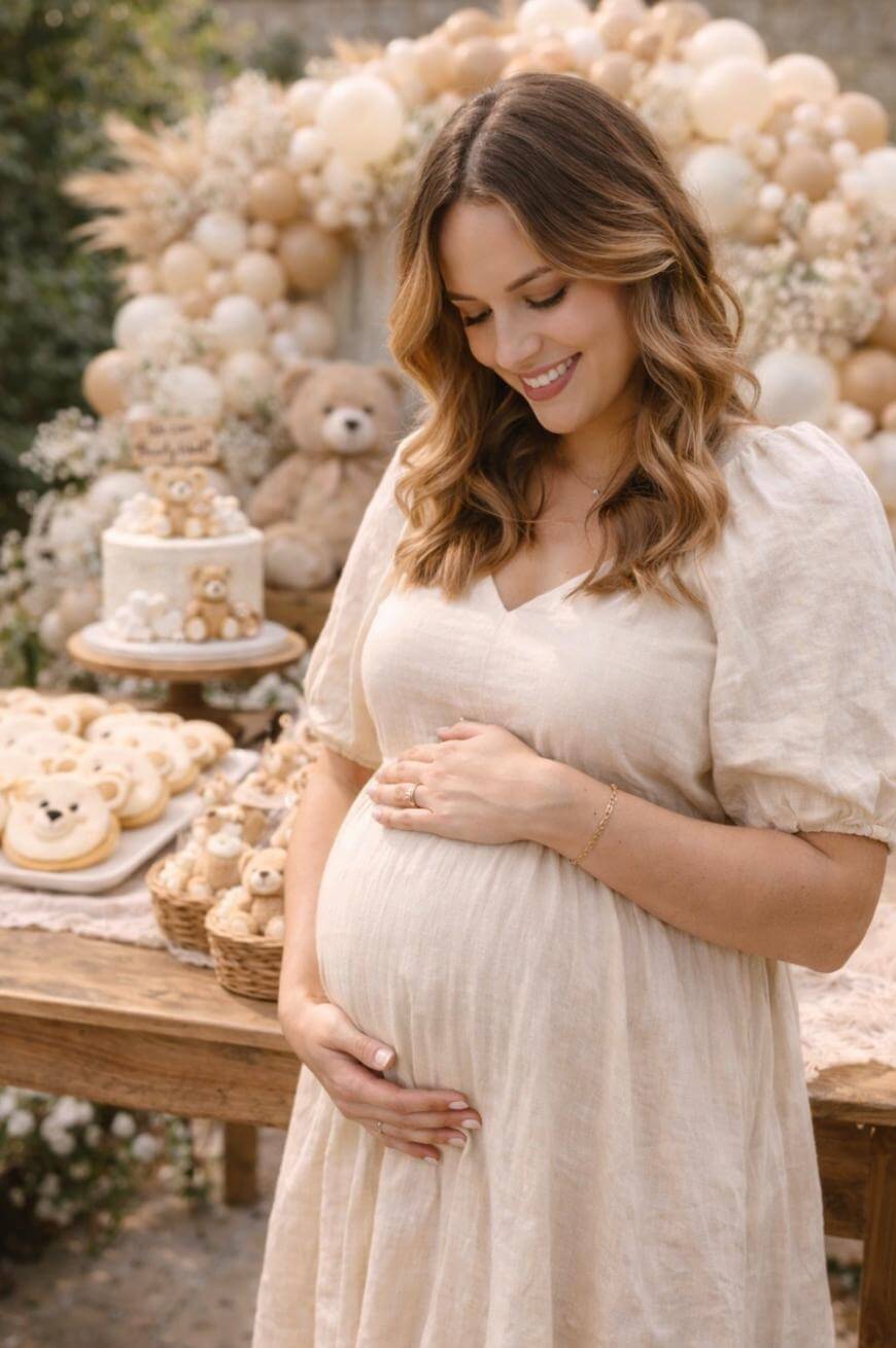 A pregnant woman holding her belly.