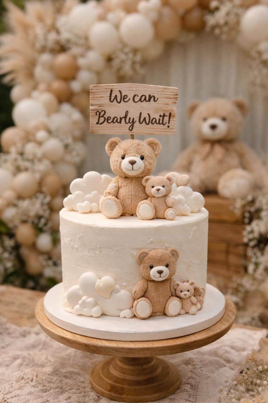 A white cake decorated with fondant teddy bears and clouds sits on a wooden stand. A wooden sign on top reads “We can bearly wait!” Tan and white balloons and a teddy bear are in the blurred background.