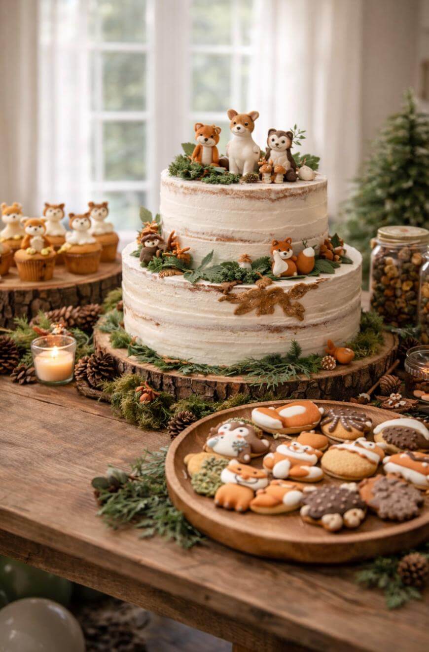 A woodland-themed cake topped with animal figurines sits on a rustic table, surrounded by decorated cookies, cupcakes, pinecones, candles, and greenery in a cozy, light-filled room.