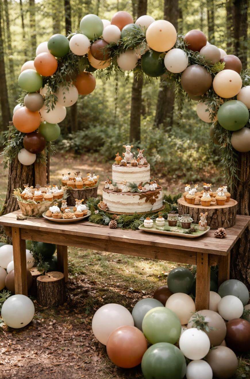 A rustic dessert table in a forest, decorated with an arch of green, brown, and cream balloons, displaying a woodland-themed cake, cupcakes, and desserts topped with animal figures. Balloons also surround the tables base.