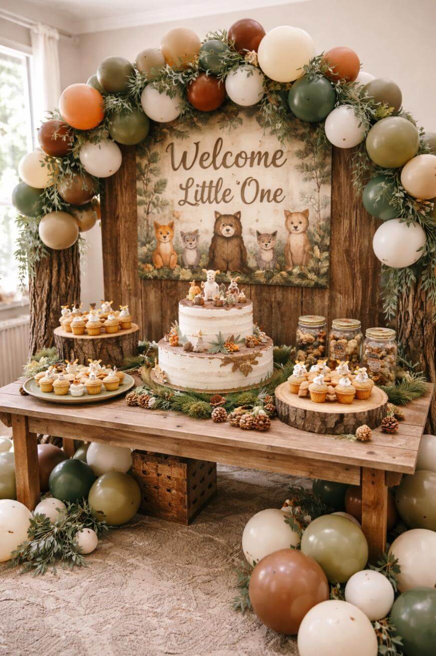 A rustic woodland-themed baby shower table with a “Welcome Little One” sign featuring forest animals, surrounded by green, brown, and cream balloons. The table has a cake, cupcakes, pinecones, and jars of treats.