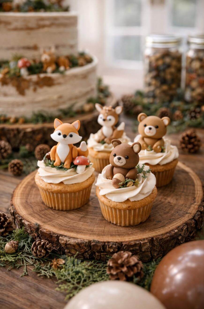 Four cupcakes with woodland animal toppers—a fox, a deer, and two bears—sit on a wooden platter. Pinecones, greenery, balloons, and a rustic cake create a woodland-themed dessert table setting.