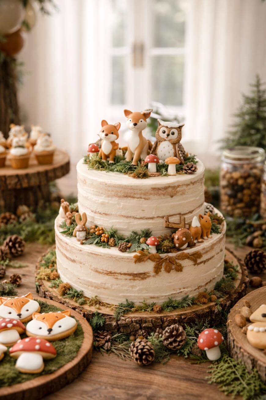 A two-tier woodland-themed cake decorated with icing figurines of foxes, an owl, mushrooms, and greenery, surrounded by matching cookies, cupcakes, pinecones, and forest-themed treats on a rustic table.