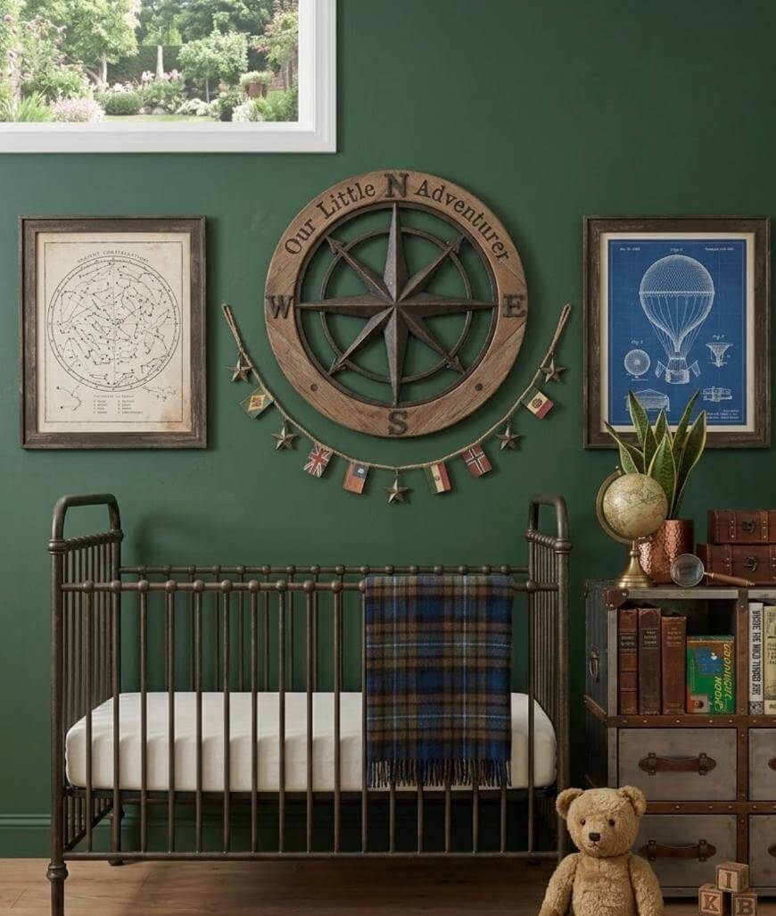 A nursery with a metal crib, plaid blanket, and stuffed bear, decorated with adventure-themed art, a compass wall piece reading “Our Little N Adventurer,” and vintage travel decor against a dark green wall.