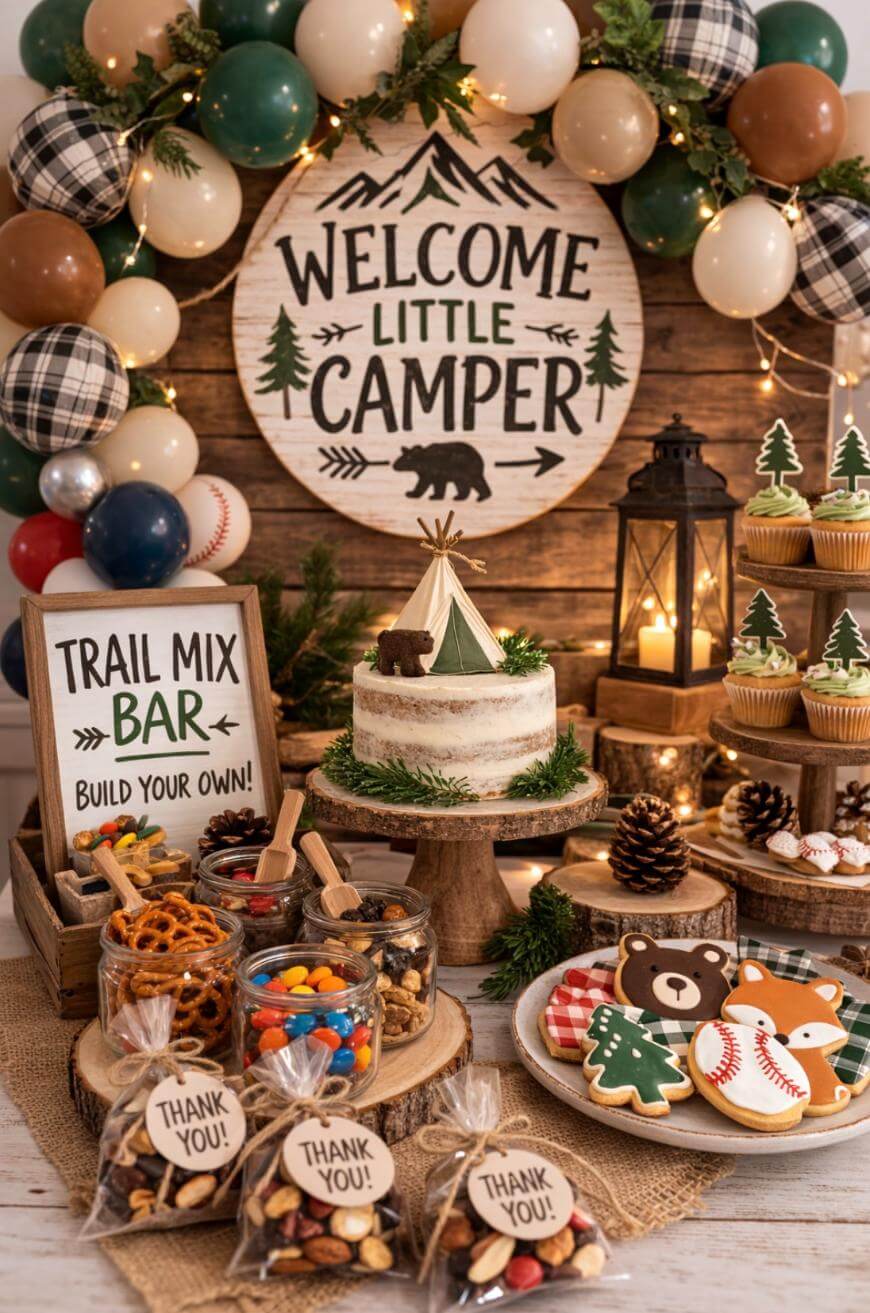 Rustic camping-themed party table with a Welcome Little Camper sign, cake with a teepee topper, cupcakes, cookies, trail mix bar jars, thank you treat bags, and balloon and pinecone decorations.