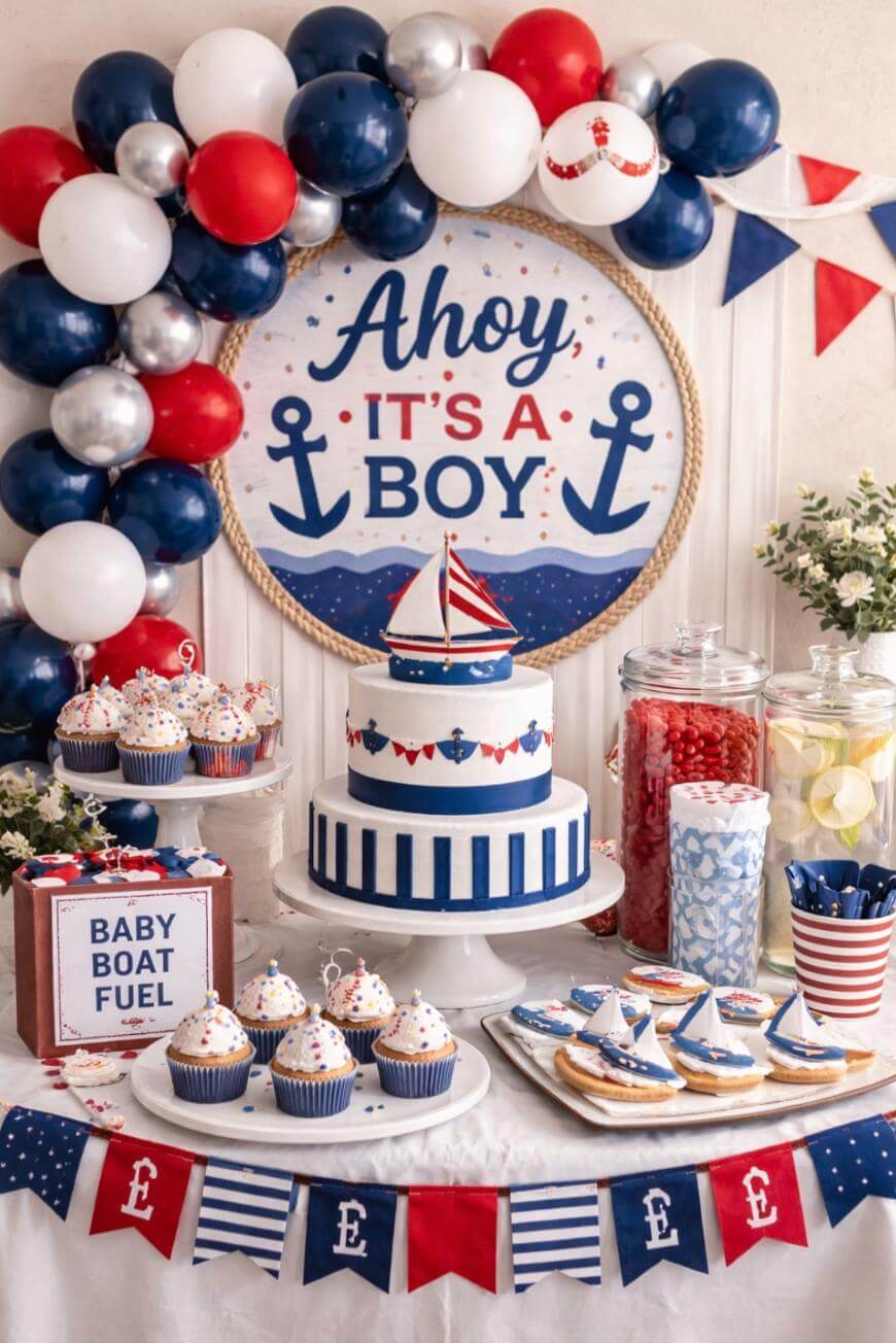 Nautical-themed baby shower table with a blue, red, and white “Ahoy, it’s a boy!” sign, boat decorations, cupcakes, a sailboat cake, cookies, drinks, and balloon garland. Banners and festive treats decorate the scene.