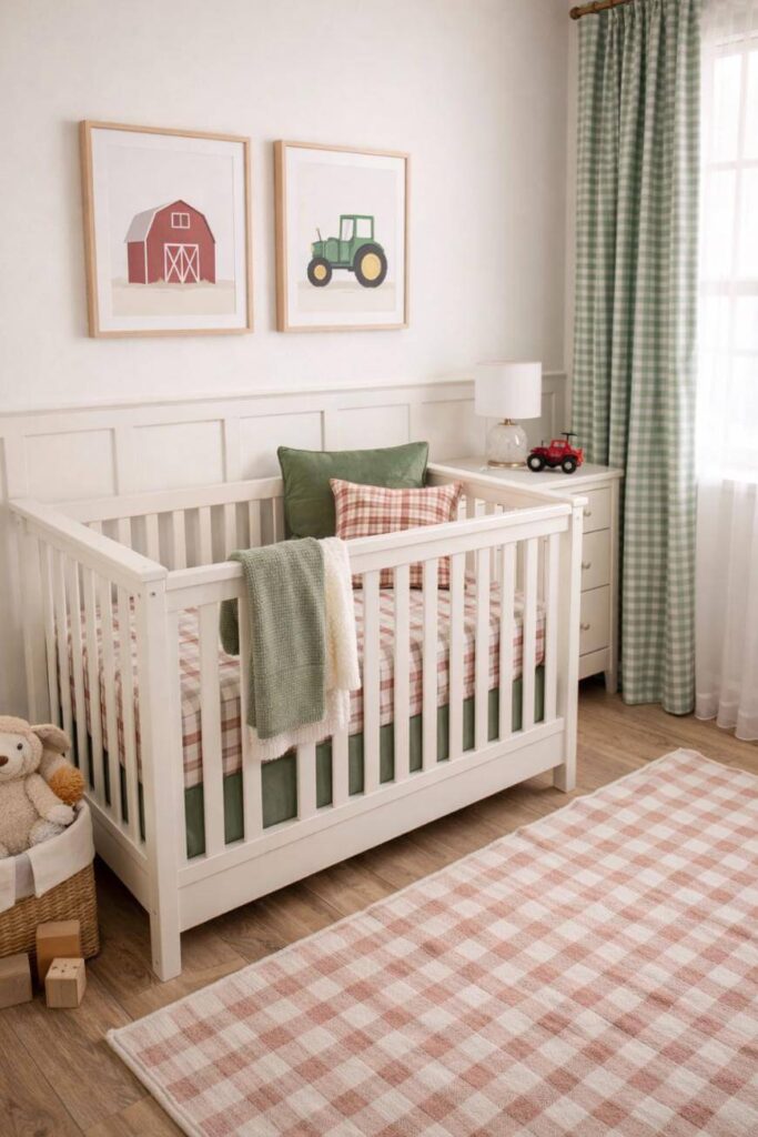 A cozy nursery with a white crib, green and plaid bedding, a soft rug, farm-themed wall art, a dresser with a lamp and toy tractor, and green gingham curtains. Stuffed animals sit in a basket on the floor.