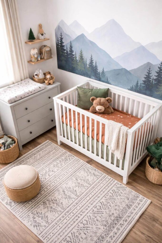 Cozy nursery with a white crib, teddy bear, green pillows, and an orange sheet, beside a dresser with a changing mat. Mountain mural on the wall, baskets, and shelves with plush toys and decor. Light rug and wooden floor.