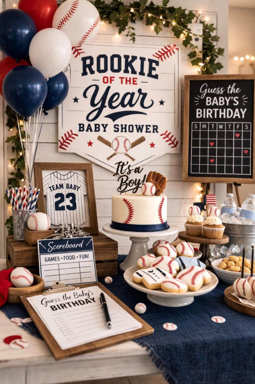 A baseball-themed baby shower setup features a Rookie of the Year Baby Shower sign, baseball-decorated cake and cookies, balloons, cupcakes, and a scoreboard for guests to guess the babys birthday.