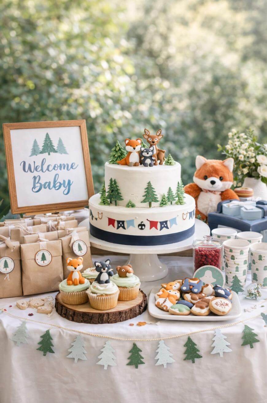 Woodland-themed baby shower table with a “Welcome Baby” sign, a two-tier cake decorated with forest animals and trees, cupcakes, cookies shaped like animals, favor bags, and forest-themed decorations.