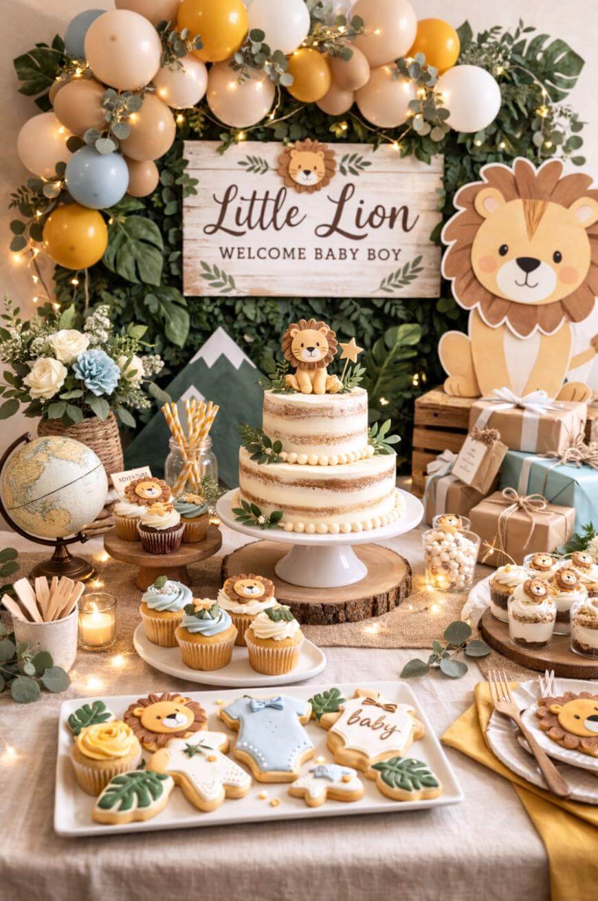 A baby shower table with a Little Lion Welcome Baby Boy theme, featuring lion-themed cake, cupcakes, cookies, balloons, flowers, and a large lion cutout, all decorated in soft earthy colors.