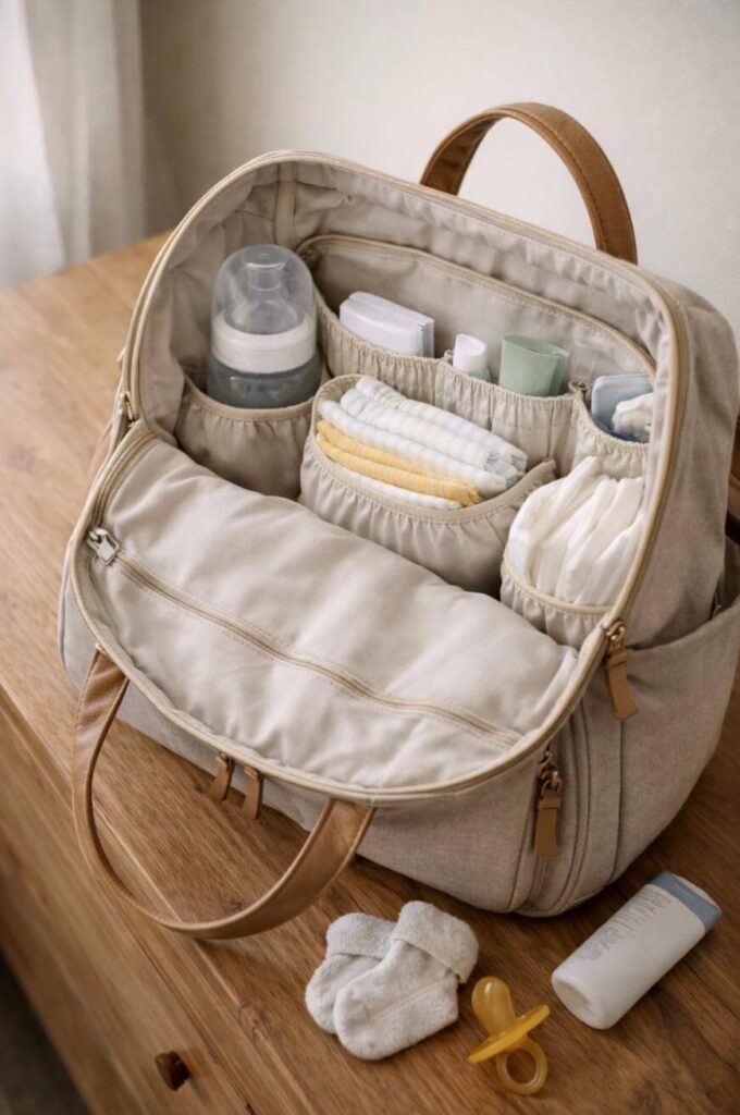 A beige diaper bag sits open on a wooden dresser, neatly organized with baby bottles, folded cloths, diapers, and other baby essentials. A pacifier, baby socks, and lotion are placed in front of the bag.