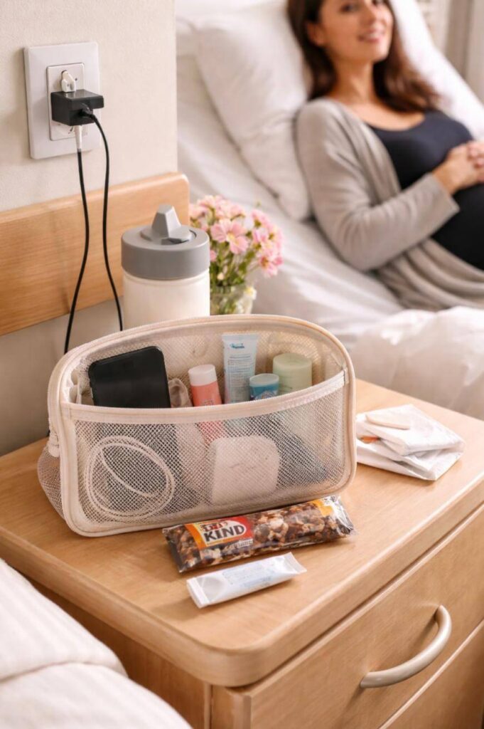 A hospital bedside table holds a mesh toiletry bag with personal items, a water bottle, snacks, and tissues. In the background, a woman in a robe relaxes on a bed, smiling.