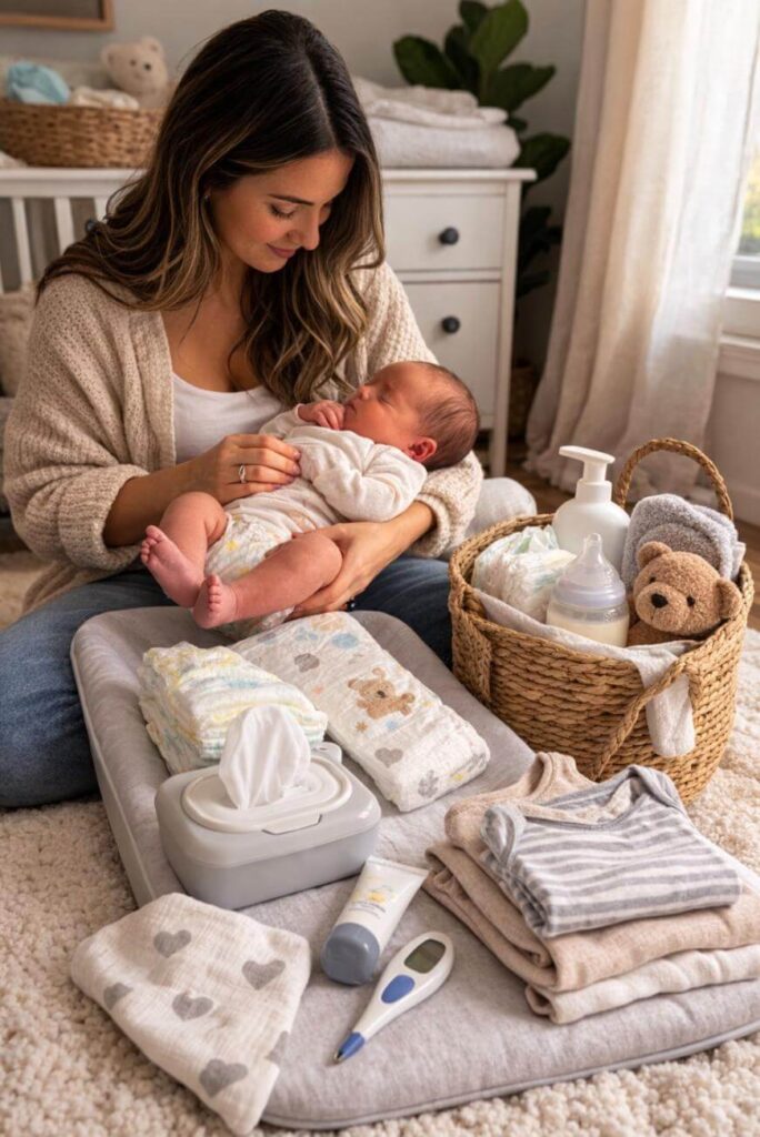 A woman cradles a newborn baby on her lap while sitting on the floor. Beside her is a basket with baby care items, diapers, clothes, a thermometer, wipes, lotion, and a small stuffed bear.