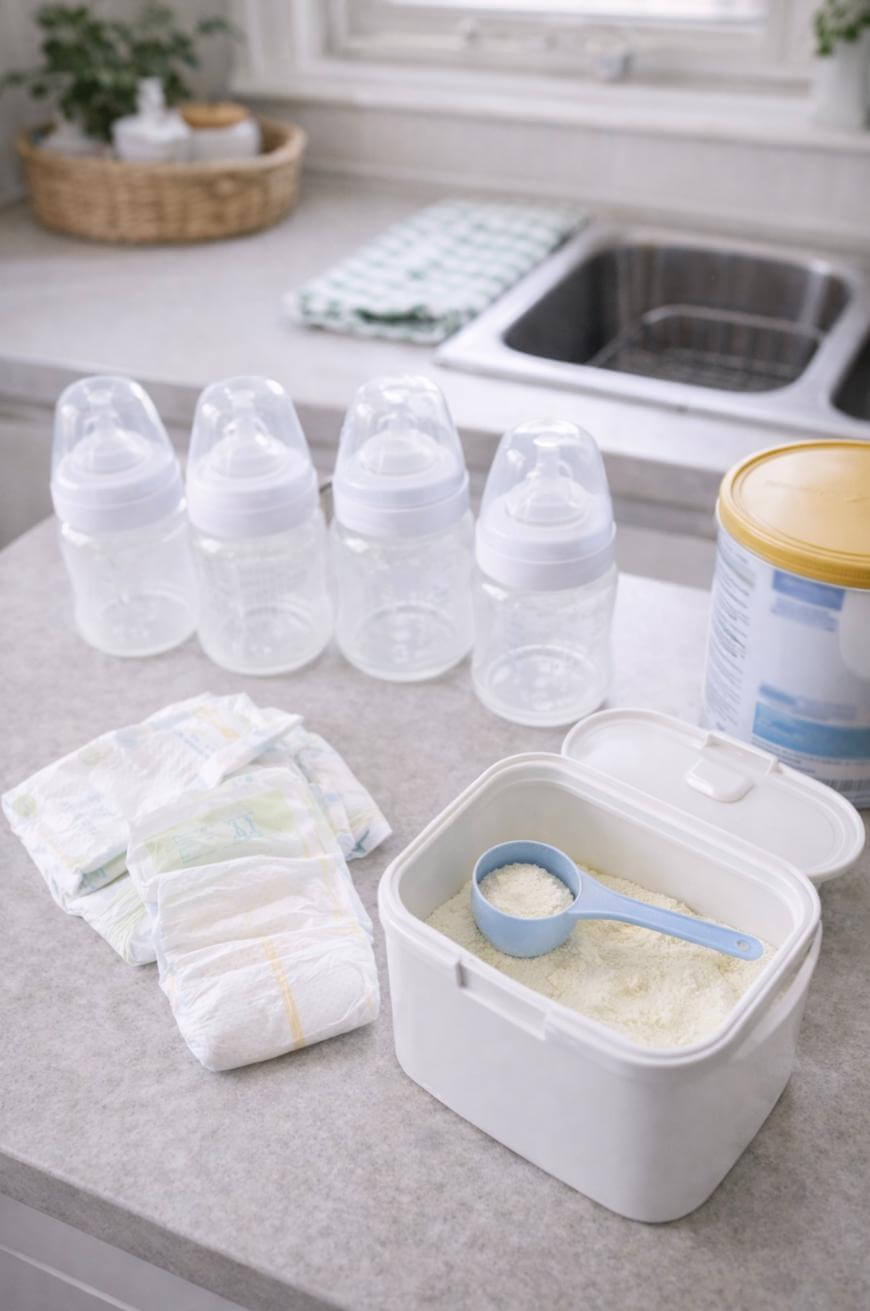 A container of baby formula with a scoop, four empty baby bottles, a canister of formula, and three diapers are arranged on a kitchen counter near a sink.