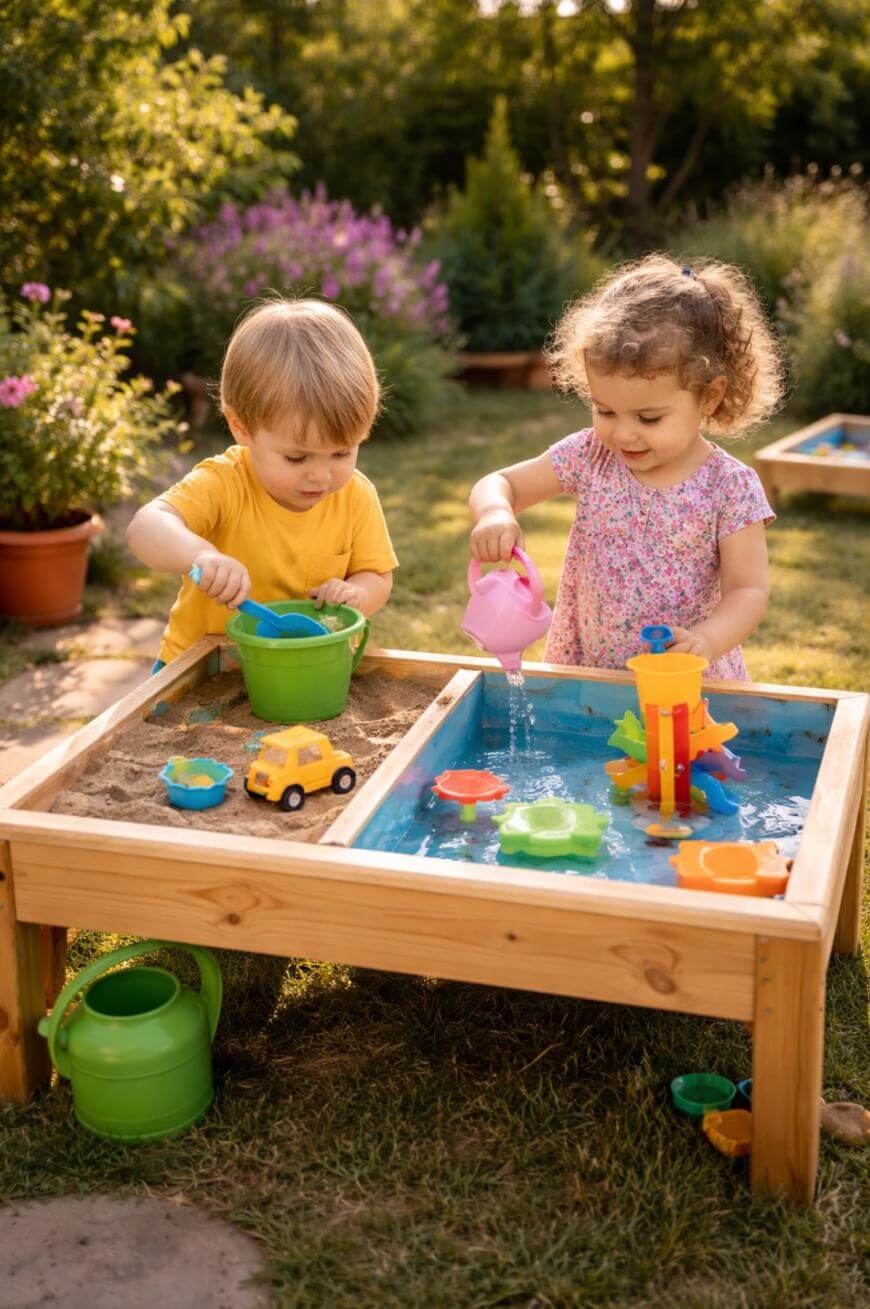Two young children play at an outdoor sensory table with sand and water, using toys like buckets, a toy truck, and a water wheel. Colorful flowers and greenery are visible in the background on a sunny day.