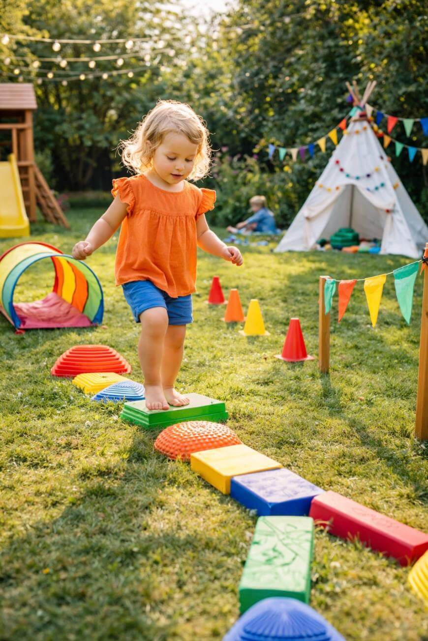 A young girl with blond hair walks barefoot on colorful foam blocks in a backyard play area with cones, a play tunnel, bunting, and a teepee tent in the background.