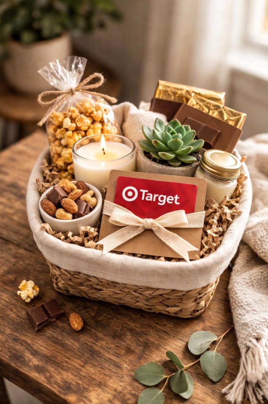 A woven gift basket with a Target gift card, a small potted succulent, chocolate bars, a candle, caramel popcorn in a bag, a jar, and a bowl of assorted chocolate and nuts on a wooden table.