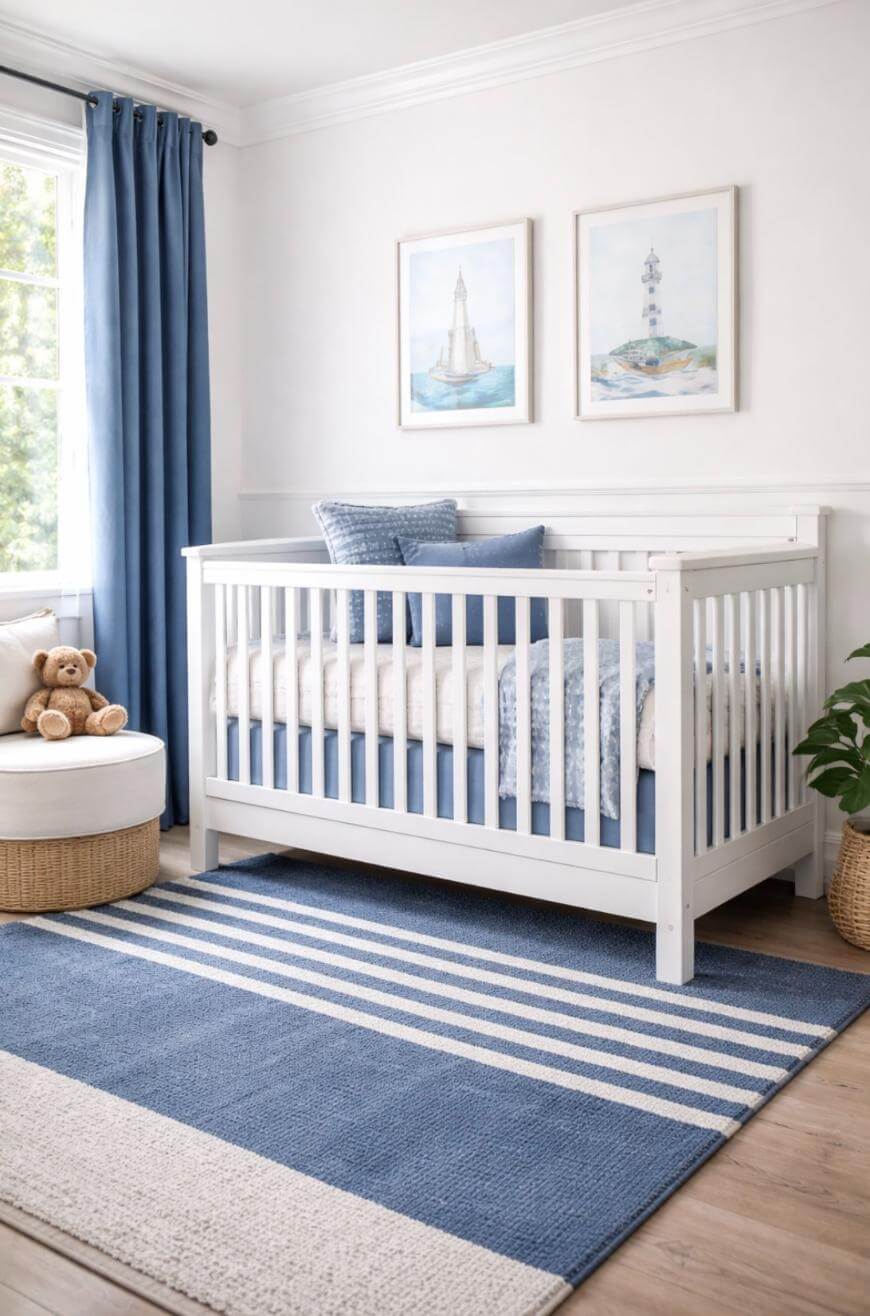 A bright nursery with a white crib, blue and white bedding, blue curtains, two nautical-themed pictures on the wall, a blue striped rug, a teddy bear on a round ottoman, and a potted plant in the corner.