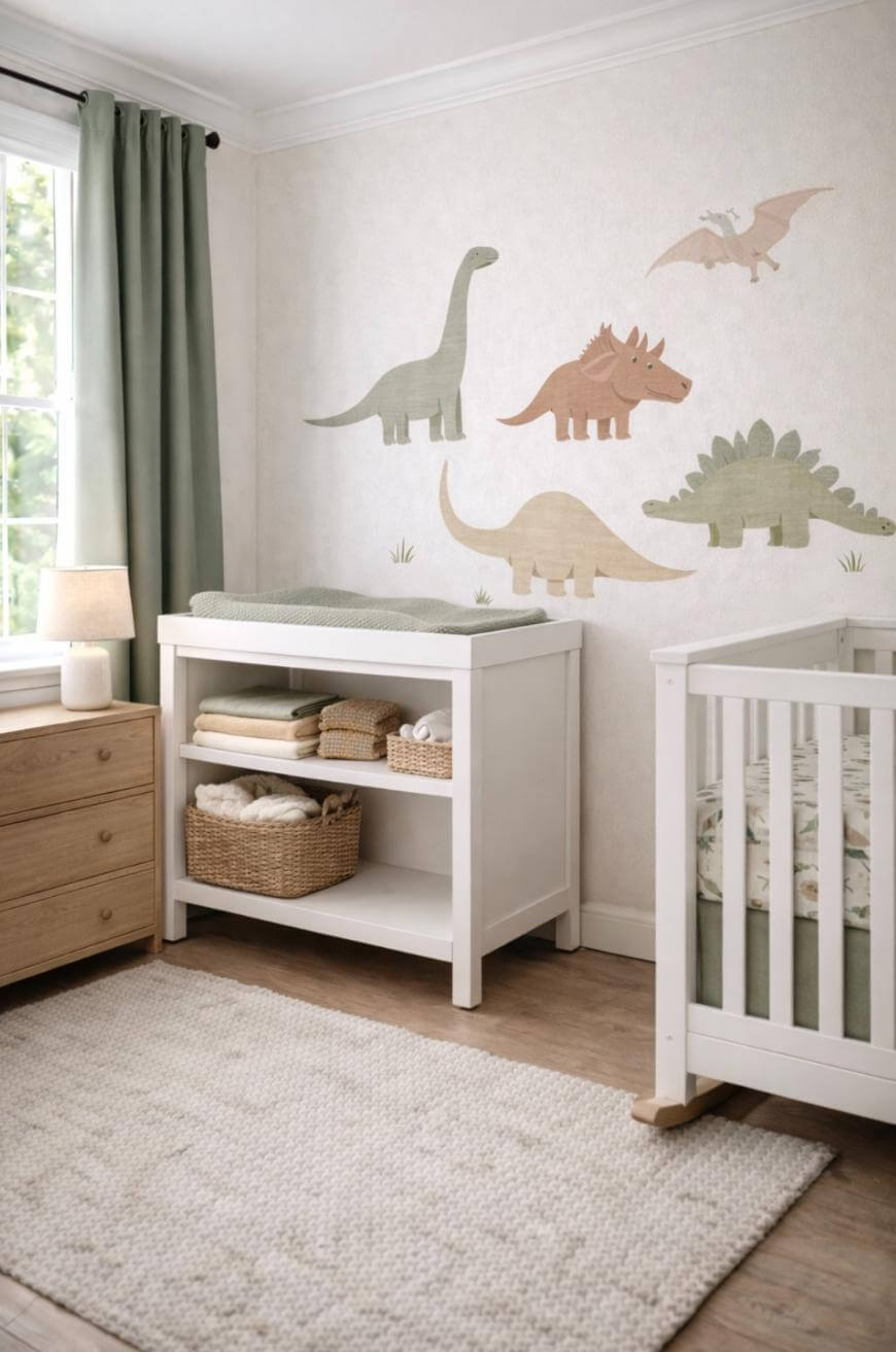 A cozy nursery with a crib, changing table, dresser, baskets, a soft rug, green curtains, and dinosaur wall decals above the changing table. Natural light streams in through a window.