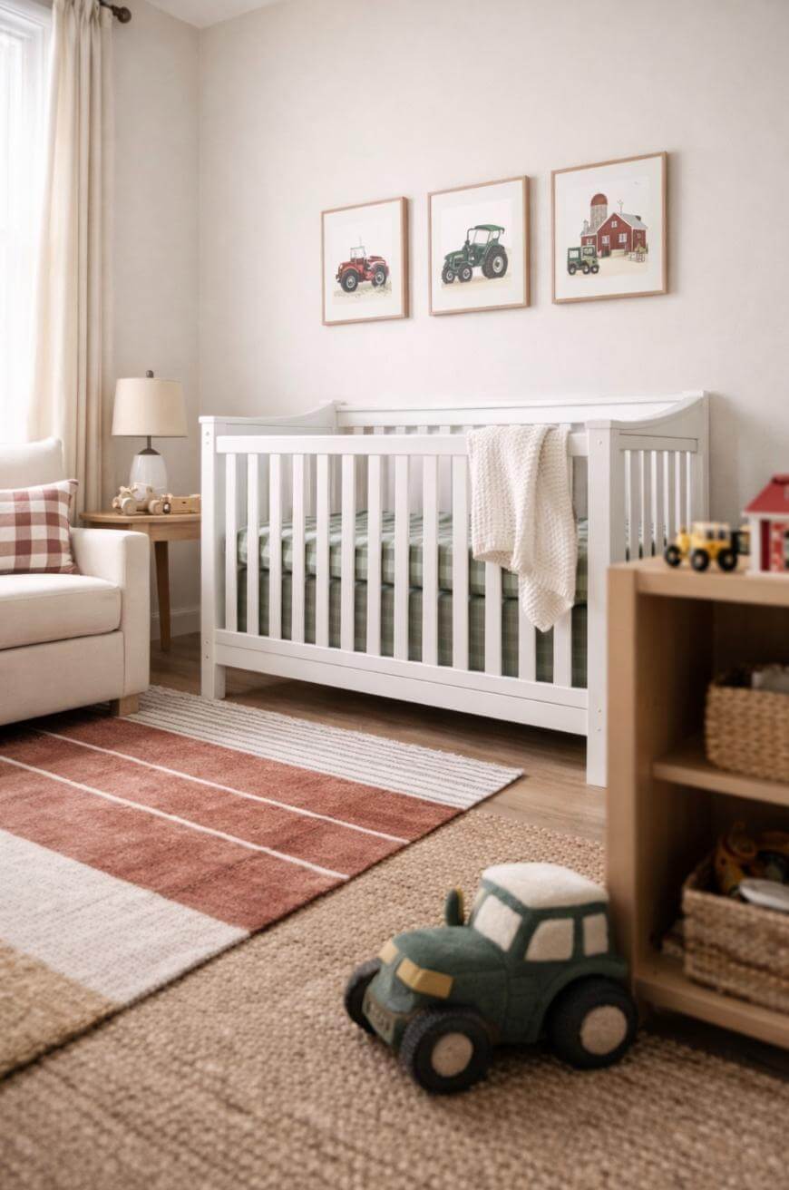 A cozy nursery with a white crib, a cream armchair, a striped rug, and a shelf with baskets and toys. Three framed tractor and barn prints hang above the crib, and a plush toy tractor sits on the floor.