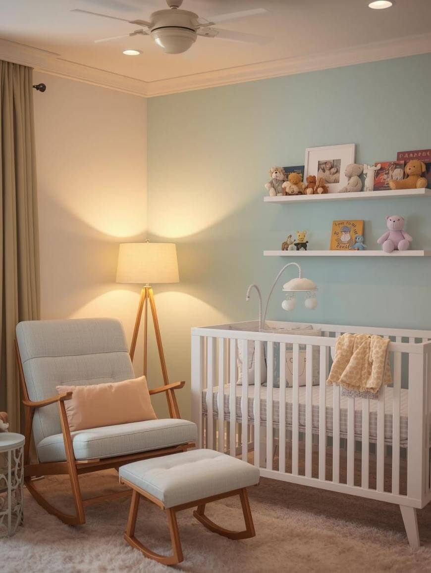 A cozy nursery with a white crib, a light blue wall, two shelves holding stuffed animals and books, a cushioned rocking chair with an ottoman, a beige floor lamp, and a soft rug on the floor.