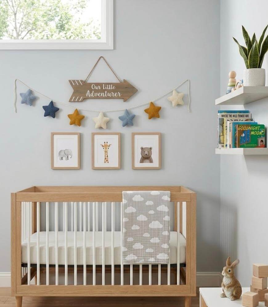 A modern nursery with a wooden crib, cloud-patterned blanket, animal art prints, star garland, books, potted plants, and a plush bunny on the floor. A sign above reads “Our Little Adventurer.”.