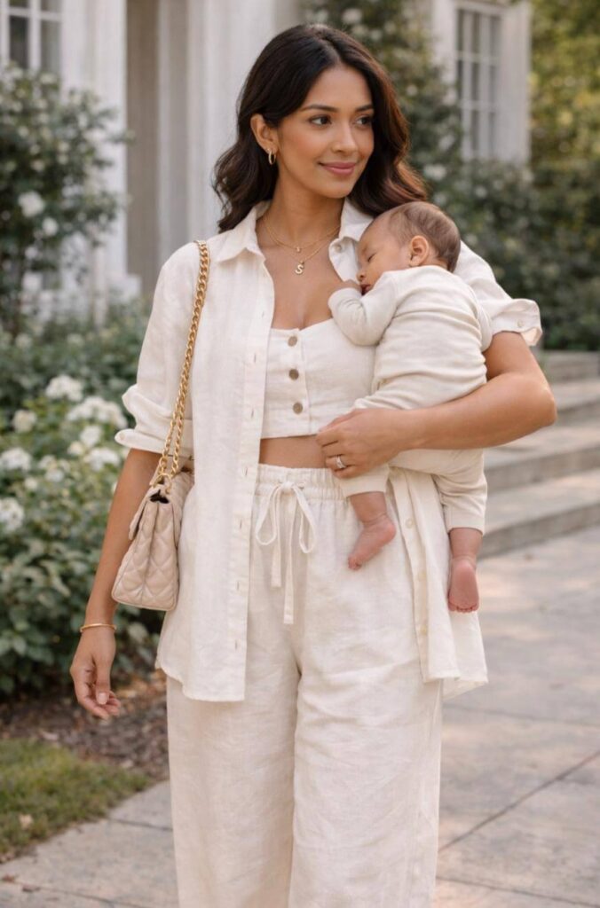 A woman dressed in light-colored, casual clothing holds a baby close to her chest while walking outdoors on a path, with greenery and a building in the background.