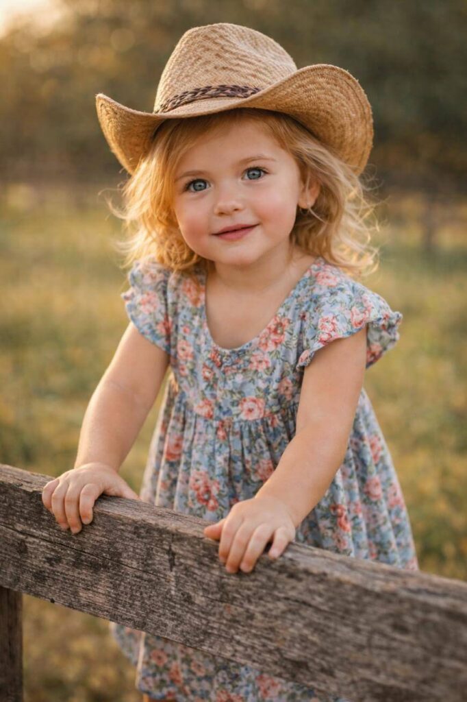 A young child with curly blonde hair wearing a straw cowboy hat and a floral dress smiles while standing behind a wooden fence outdoors in soft, golden sunlight.