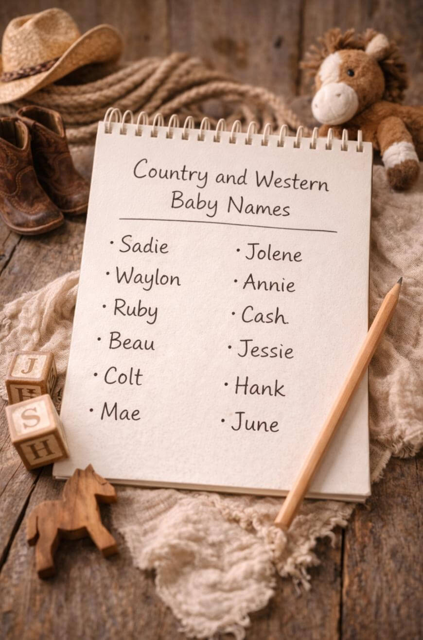 A notepad on a rustic wooden table lists country and western baby names. Surrounding props include a toy horse, baby blocks, boots, a cowboy hat, rope, and a pencil.