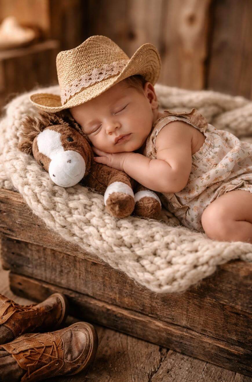 A baby wearing a straw cowboy hat sleeps on a chunky knit blanket in a wooden crate, cuddling a plush horse toy. A pair of brown boots sits nearby. The scene has a rustic, cozy feel.