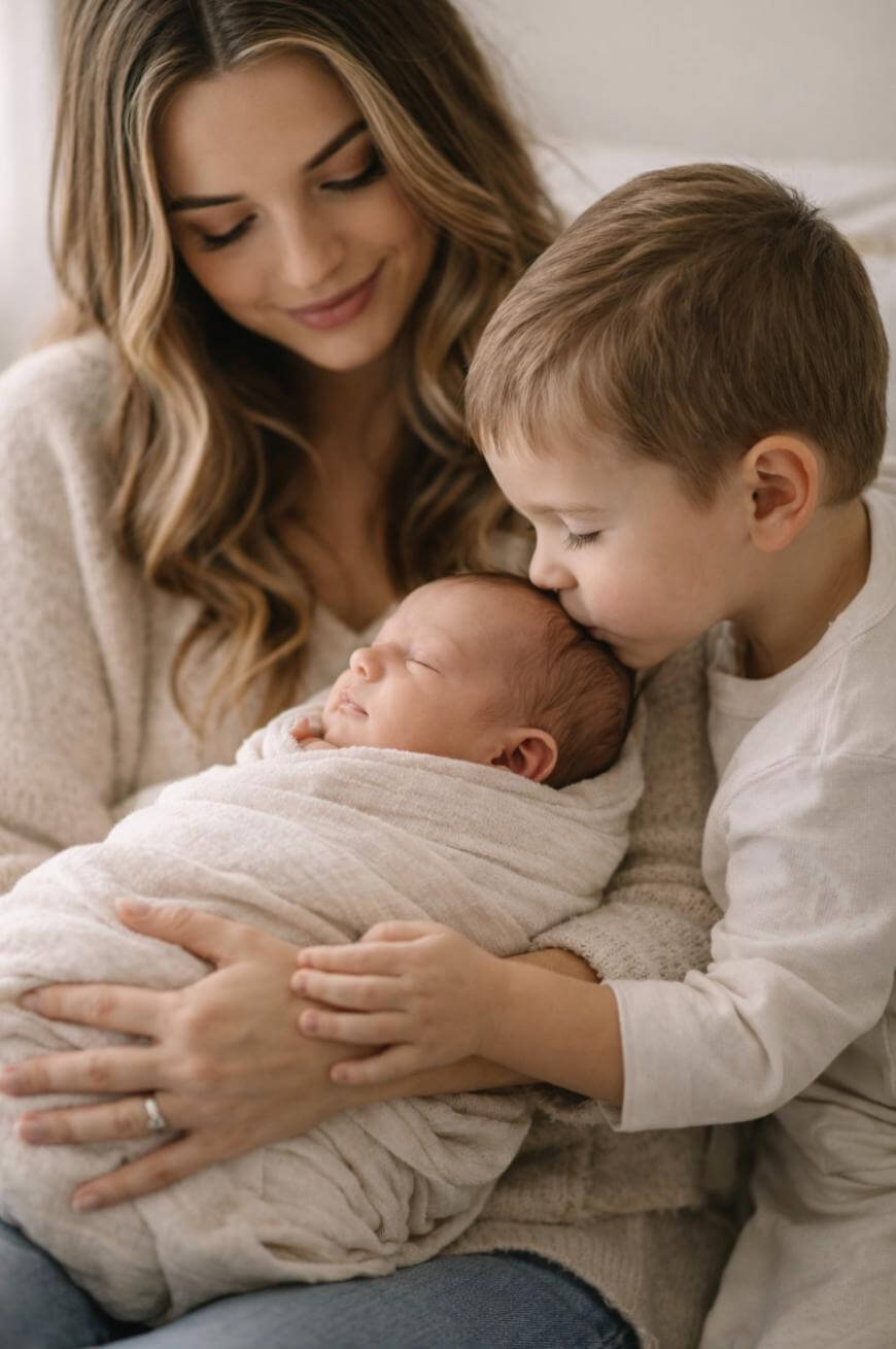 A woman cradles a swaddled newborn while a young boy gently kisses the babys head. They are all dressed in light-colored clothing and share a warm, tender moment together.