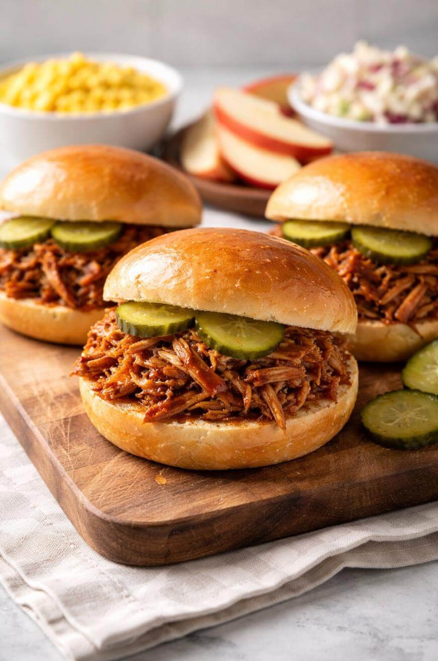 Three pulled pork sandwiches topped with pickle slices sit on a wooden board. Bowls of corn, apple slices, and coleslaw are blurred in the background. The sandwiches have shiny brioche buns.