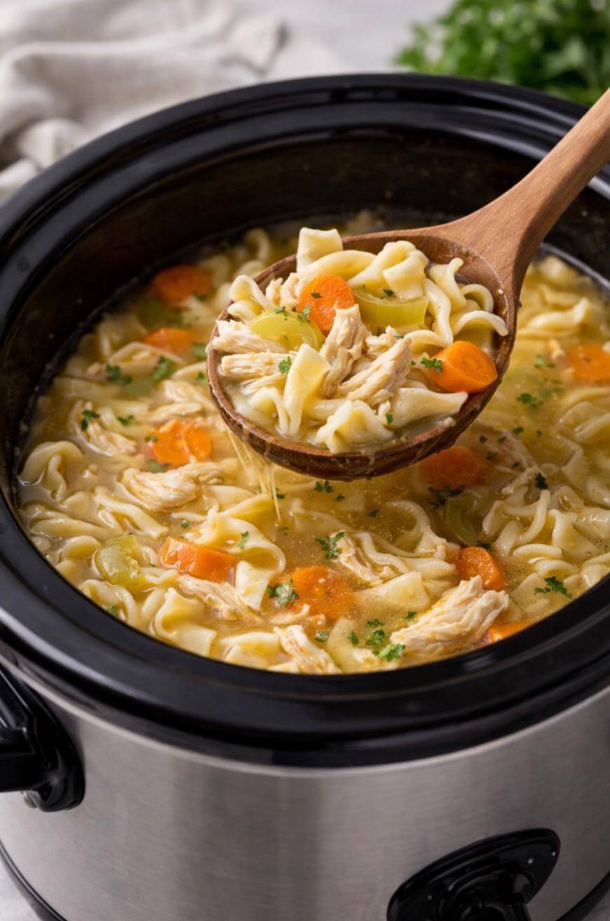 A wooden ladle lifts a serving of homemade chicken noodle soup with carrots, noodles, and herbs from a black slow cooker.