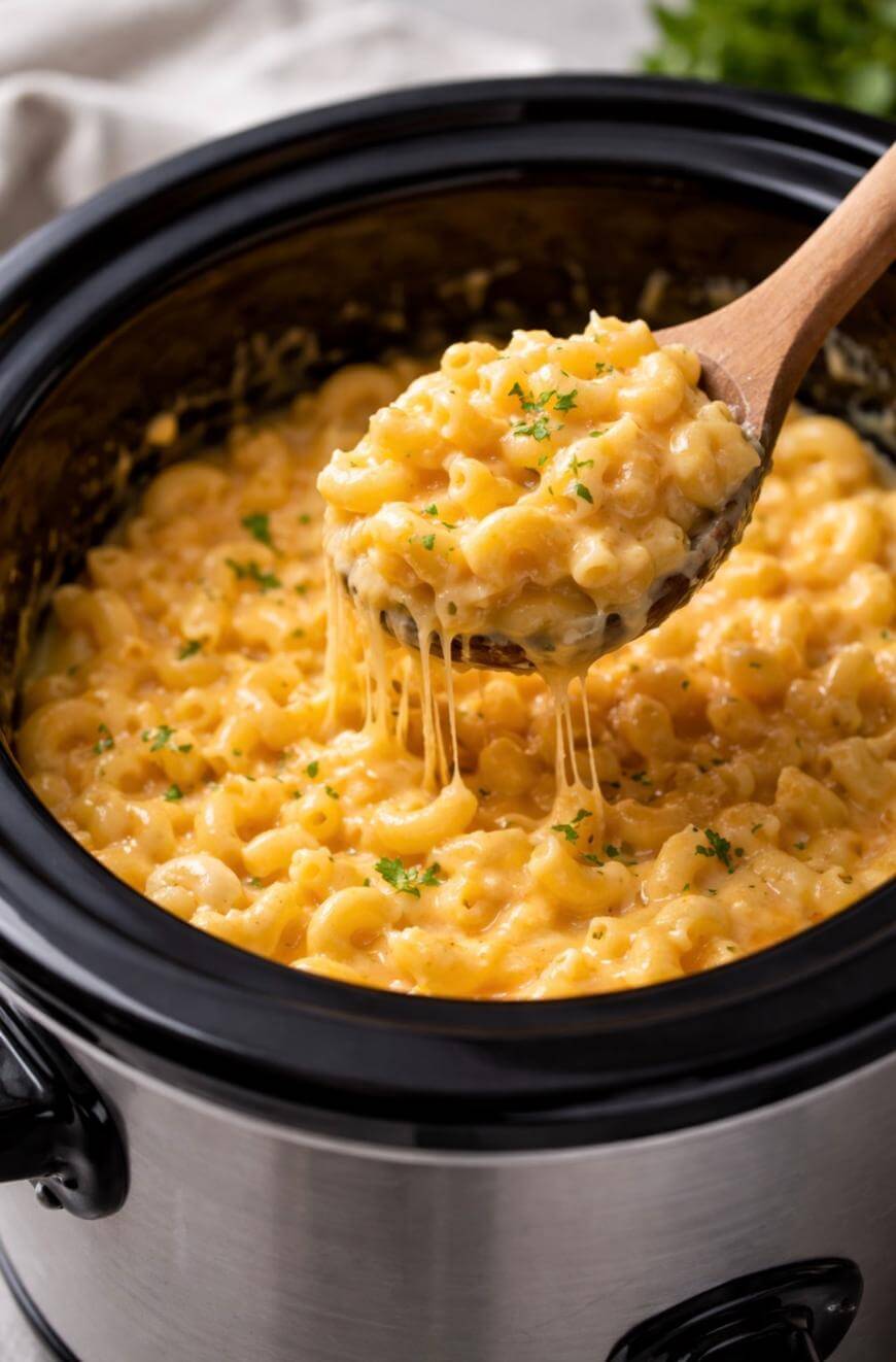 A wooden spoon lifts a serving of creamy, cheesy macaroni and cheese from a slow cooker, with melted cheese stretching and chopped parsley sprinkled on top.