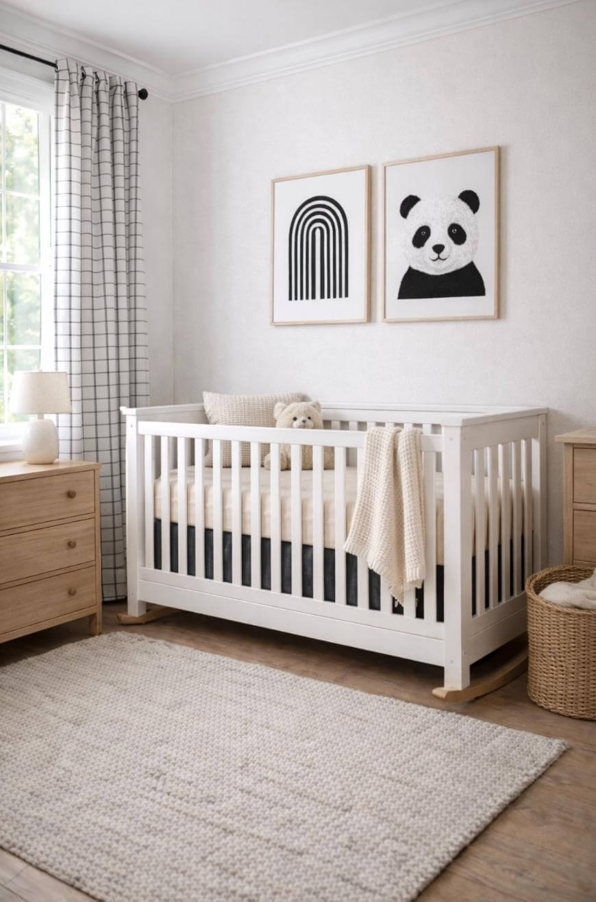 A cozy nursery with a white crib, neutral bedding, a stuffed animal, wooden furniture, a textured rug, and wall art featuring a rainbow and a panda. Light filters through a window with checked curtains.