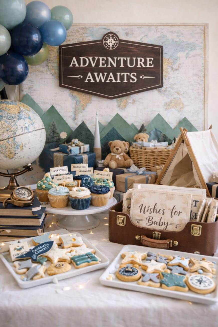 Adventure-themed baby shower table with globe, cupcakes, cookies shaped like planes and stars, a suitcase, a “Wishes for Baby” sign, teddy bears, blue and white balloons, and a map backdrop reading “Adventure Awaits.”.
