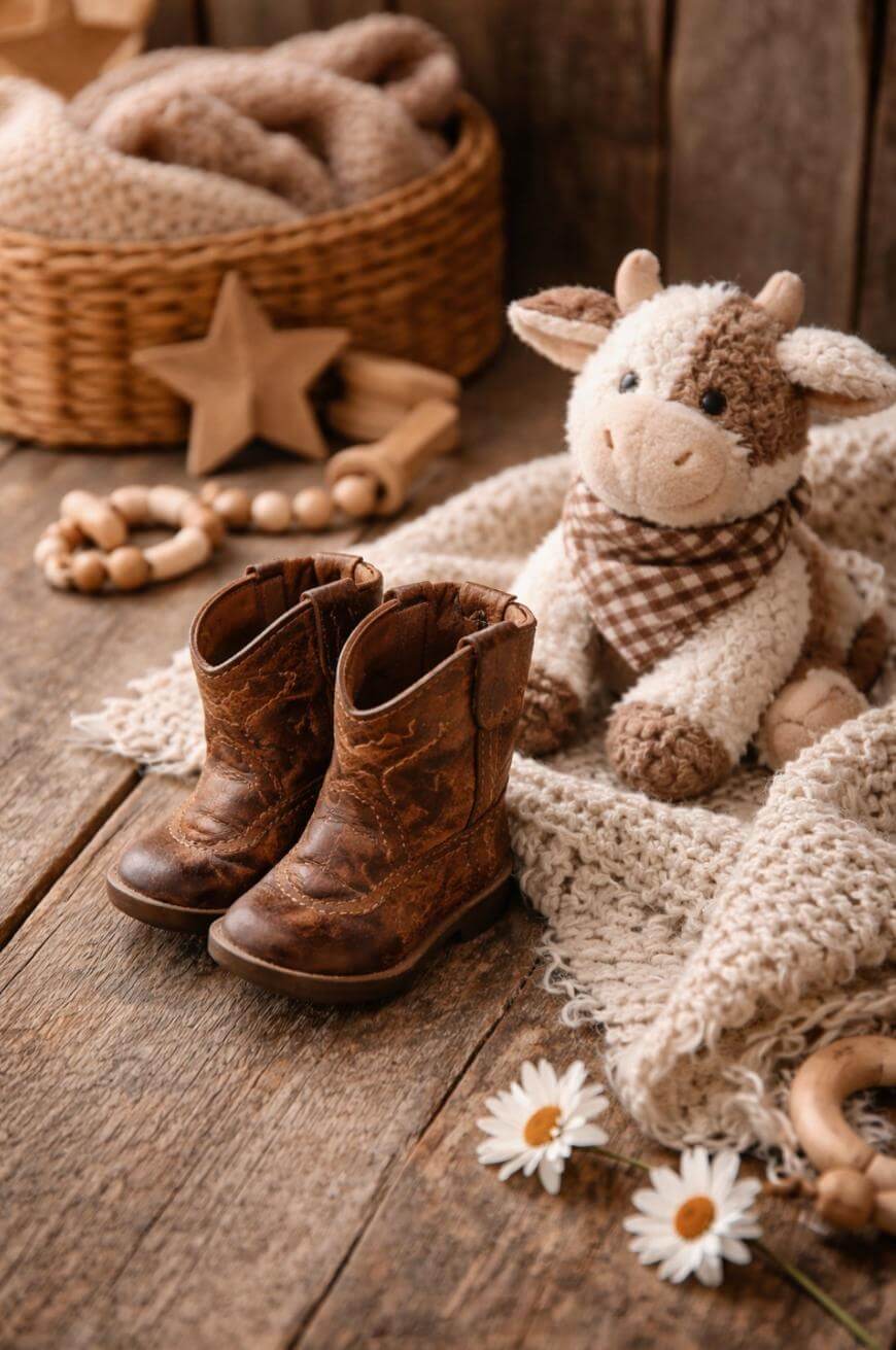 A pair of small brown cowboy boots, a plush cow toy with a checkered scarf, and cozy blankets are arranged on a rustic wooden surface with daisies and wicker baskets in the background.