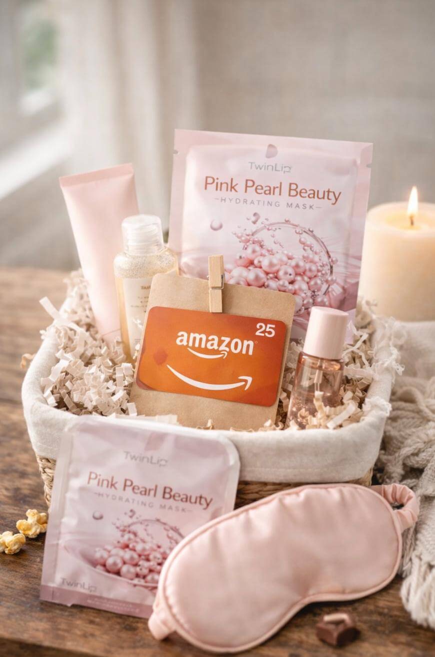 A gift basket with beauty products, an Amazon gift card, a pink sleep mask, and a lit candle on a wooden surface. The items include Pink Pearl Beauty Hydrating Masks, lotions, and small bottles, all arranged with shredded paper.