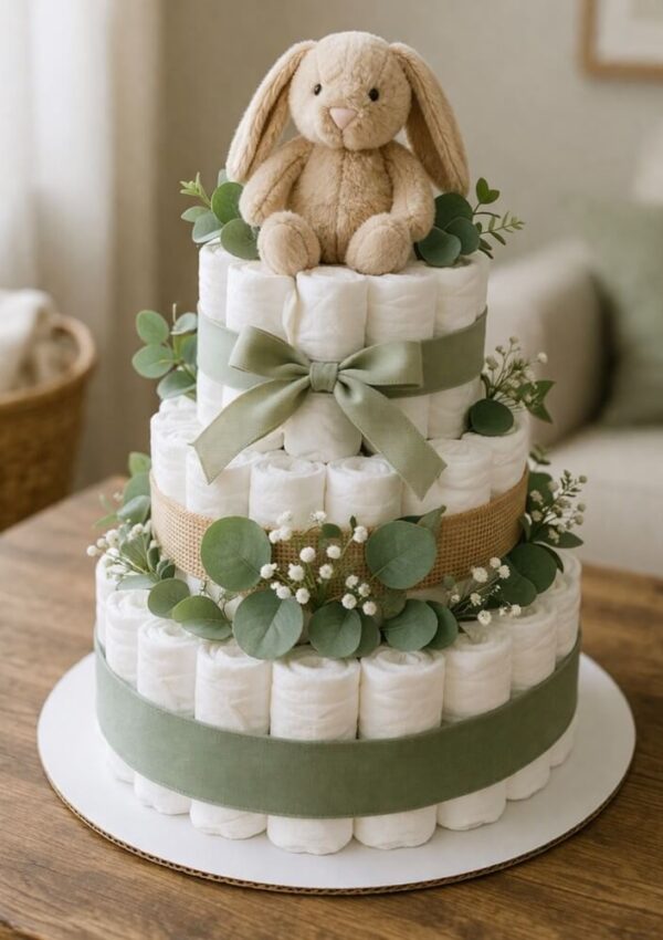 A three-tiered diaper cake decorated with green ribbons, burlap, eucalyptus leaves, and white flowers, topped with a plush bunny toy, sits on a wooden table in a cozy room.