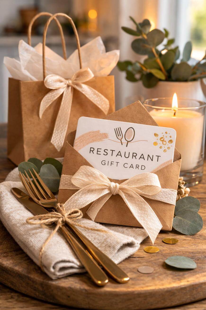A restaurant gift card in a brown envelope with a cream ribbon, placed on a wooden board next to a napkin with gold cutlery, a lit candle, eucalyptus leaves, and a gift bag in the background.